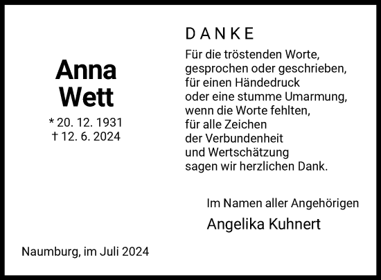 Traueranzeige von Anna Wett von HNA