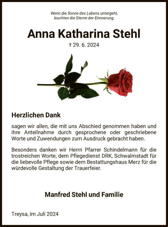 Traueranzeige von Anna Katharina Stehl von HNA