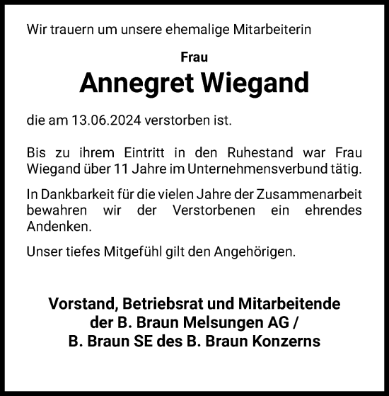 Traueranzeige von Annegret Wiegand von HNA