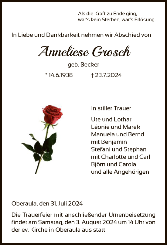 Traueranzeige von Anneliese Grosch von HNA