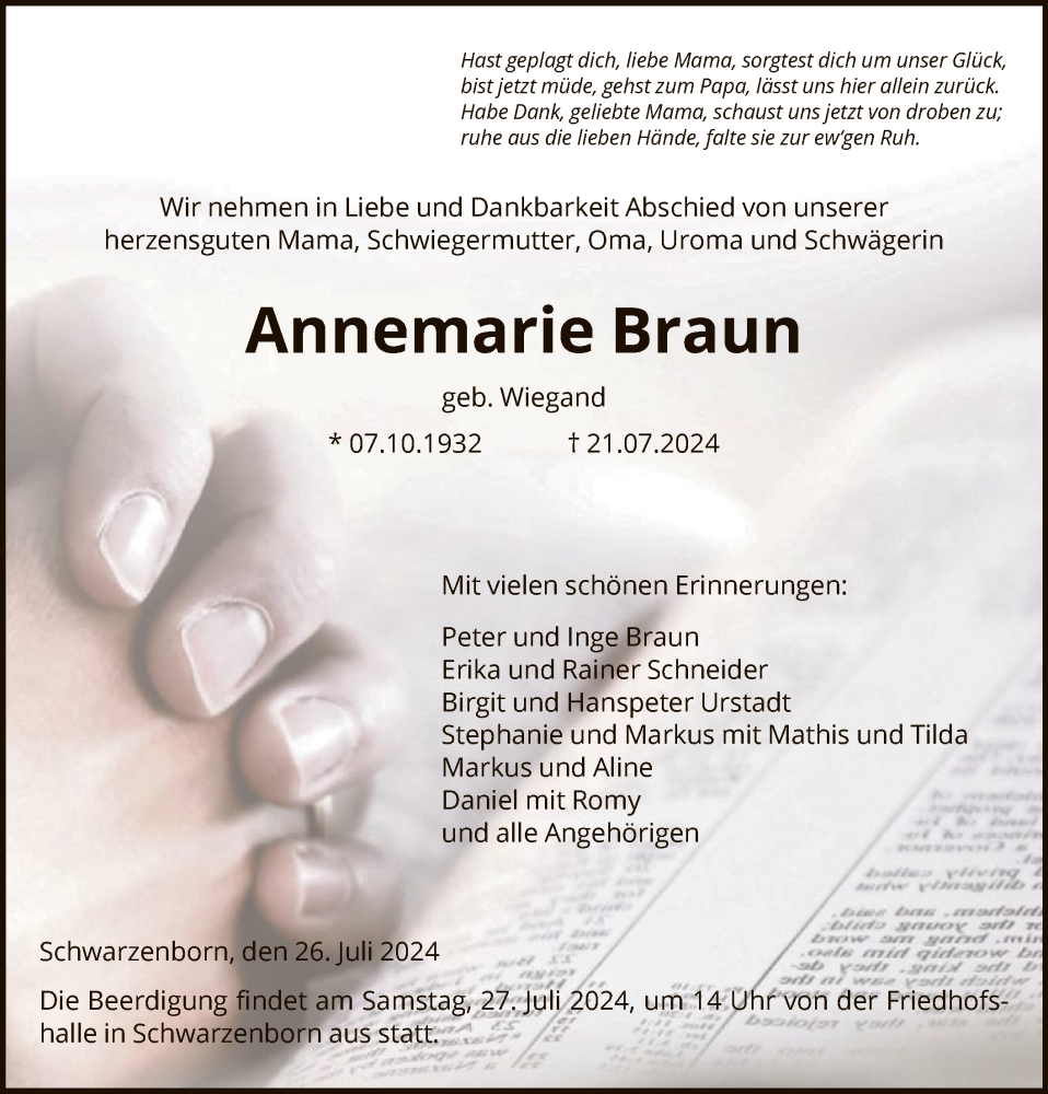  Traueranzeige für Annemarie Braun vom 26.07.2024 aus HNA