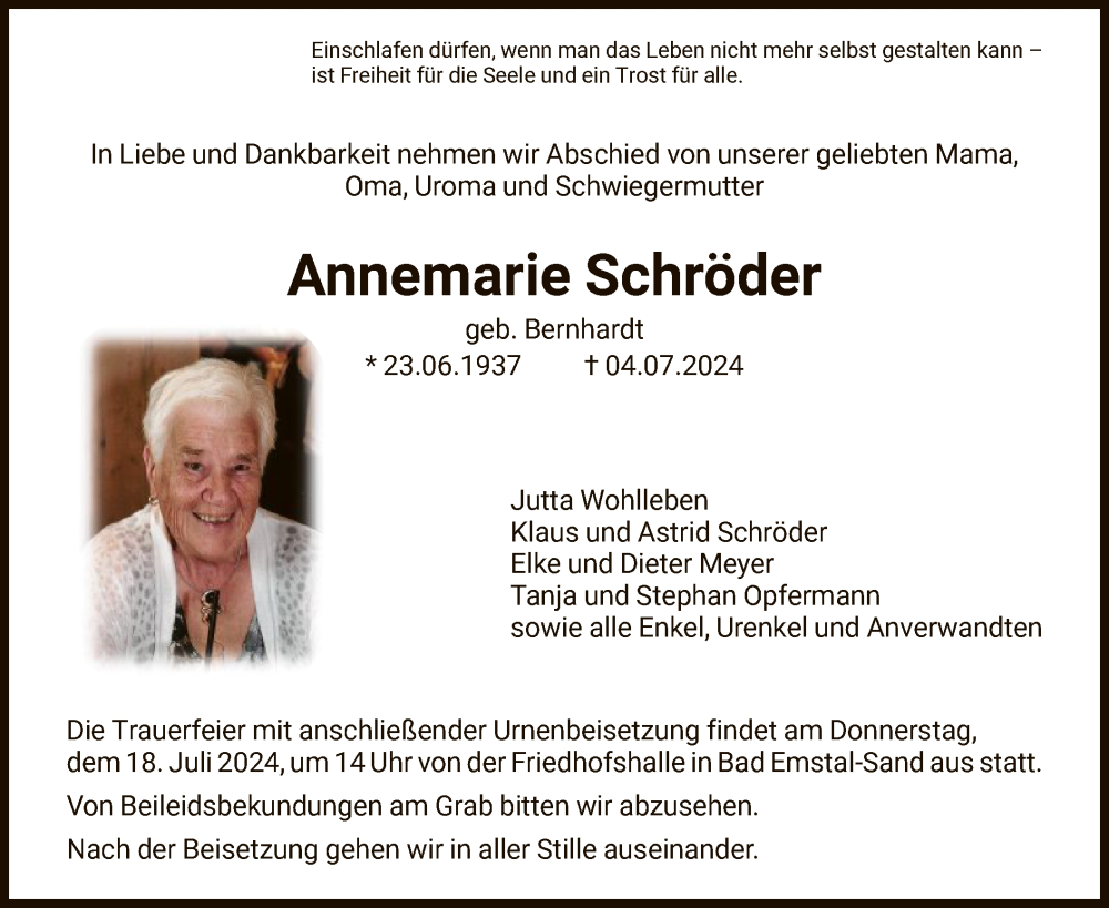 Traueranzeige für Annemarie Schröder vom 13.07.2024 aus HNA