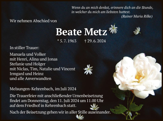 Traueranzeige von Beate Metz von HNA