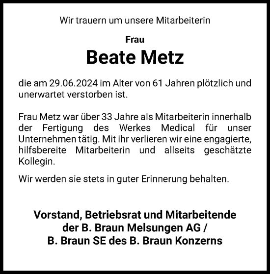 Traueranzeige von Beate Metz von HNA