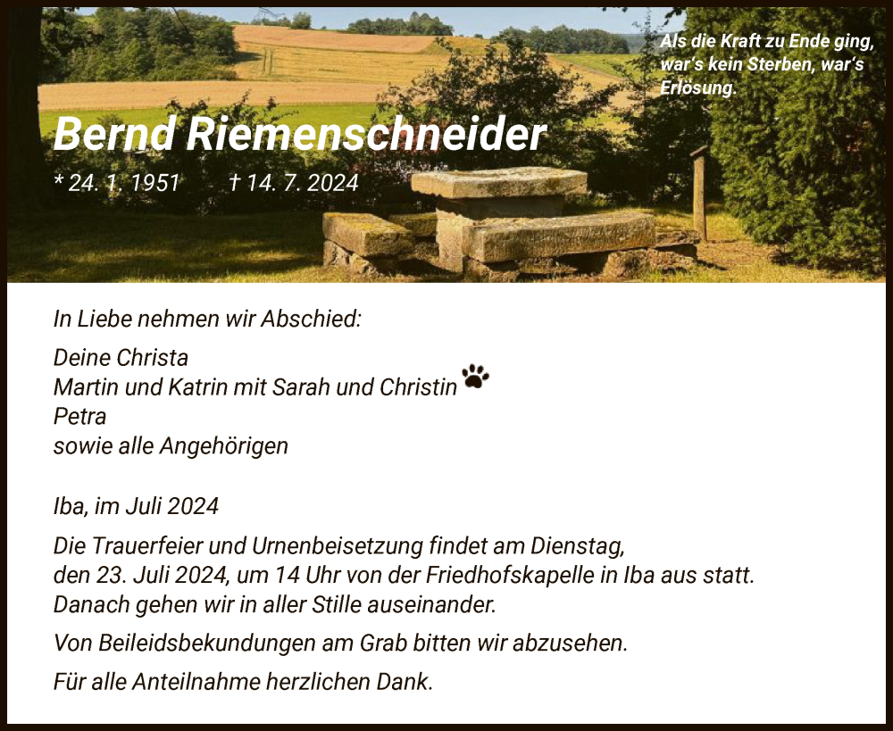  Traueranzeige für Bernd Riemenschneider vom 20.07.2024 aus HNA