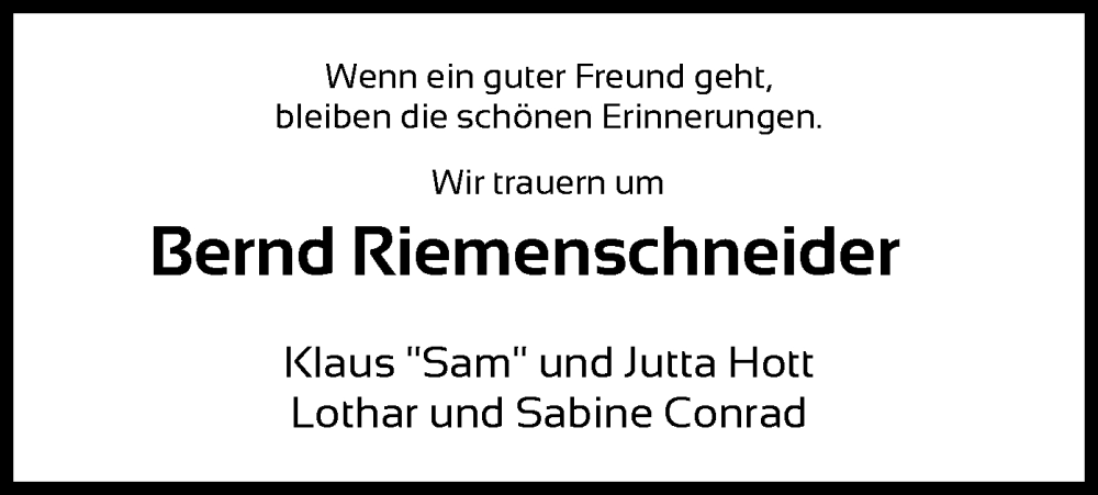  Traueranzeige für Bernd Riemenschneider vom 20.07.2024 aus HNA