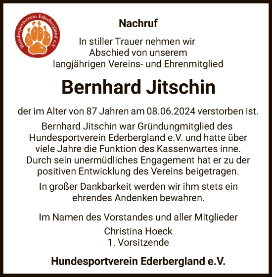 Traueranzeige von Bernhard Jitschin von HNA