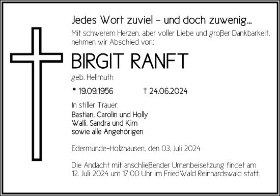 Traueranzeige von Birgit Ranft von HNA