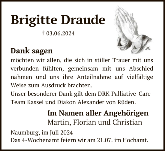 Traueranzeige von Brigitte Draude von HNA