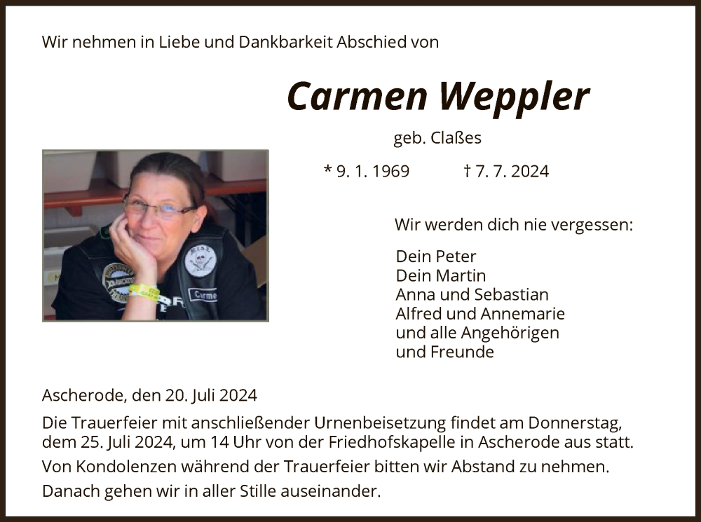  Traueranzeige für Carmen Weppler vom 20.07.2024 aus HNA