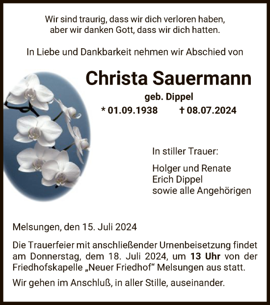 Traueranzeige von Christa Sauermann von HNA