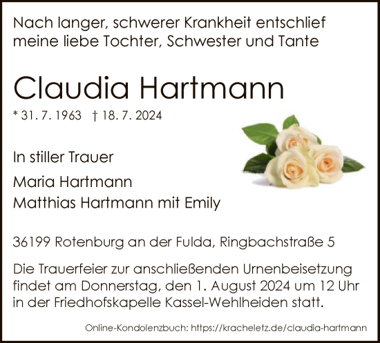 Traueranzeige von Claudia Hartmann von HNA