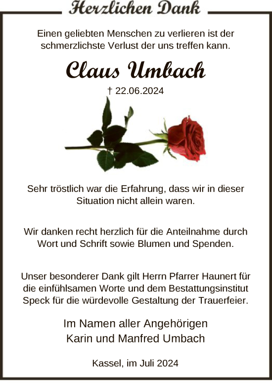 Traueranzeige von Claus Umbach von HNA