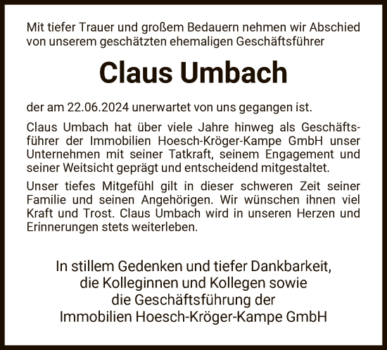 Traueranzeige von Claus Umbach von HNA