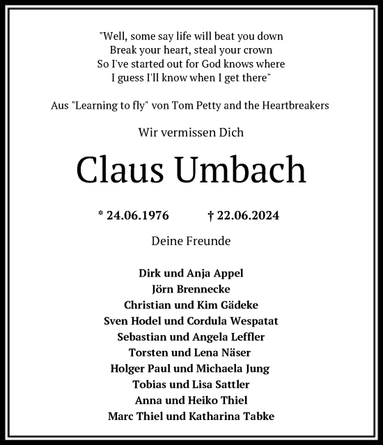 Traueranzeige von Claus Umbach von HNA