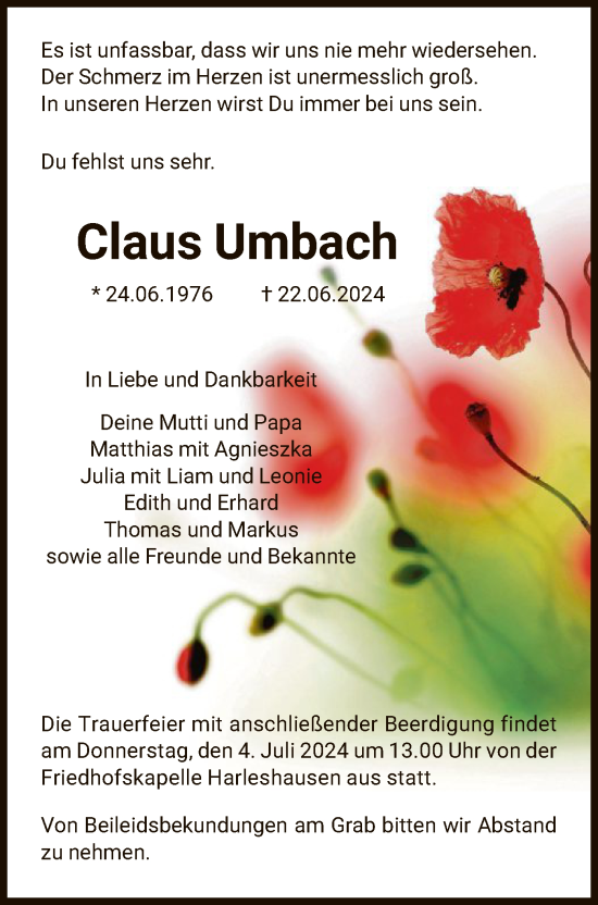 Traueranzeige von Claus Umbach von HNA