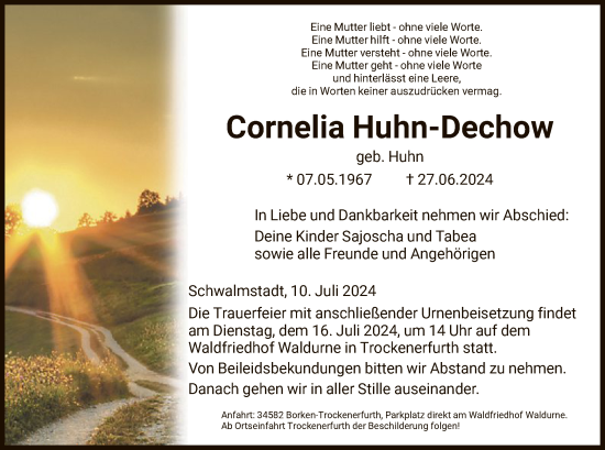 Traueranzeige von Cornelia Huhn-Dechow von HNAHZ