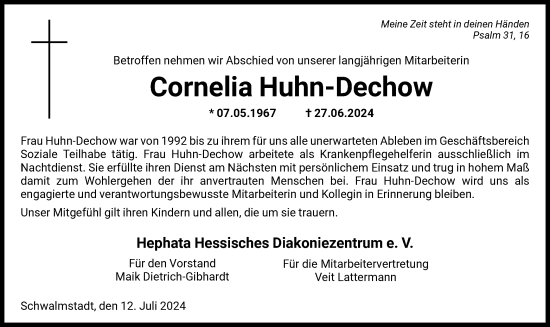 Traueranzeige von Cornelia Huhn-Dechow von HNA