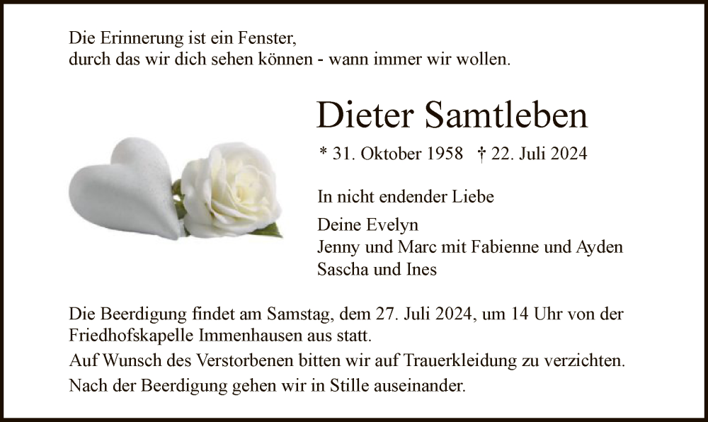  Traueranzeige für Dieter Samtleben vom 25.07.2024 aus HNA