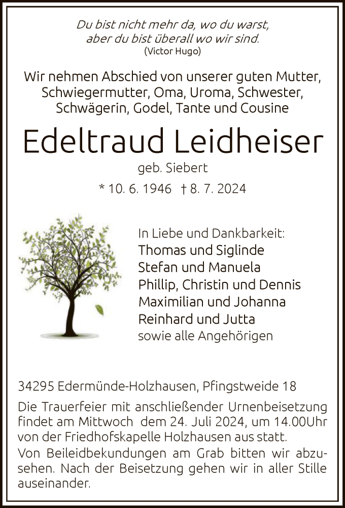  Traueranzeige für Edeltraud Leidheiser vom 20.07.2024 aus HNAHNA