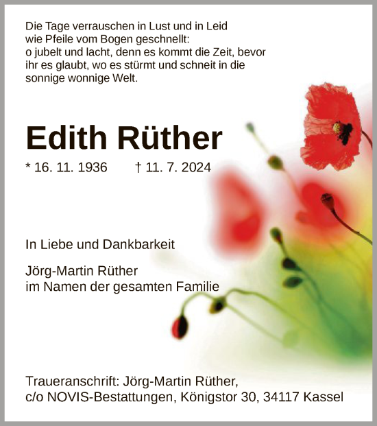 Traueranzeige von Edith Rüther von HNA