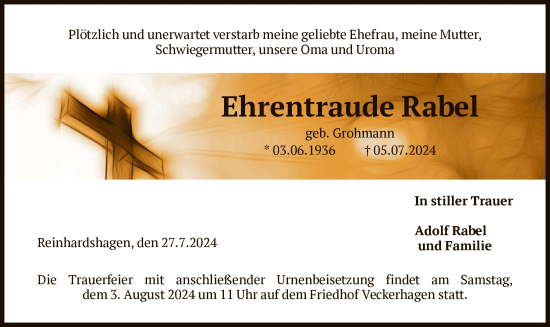 Traueranzeige von Ehrentraude Rabel von HNA