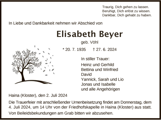 Traueranzeige von Elisabeth Beyer von HNA