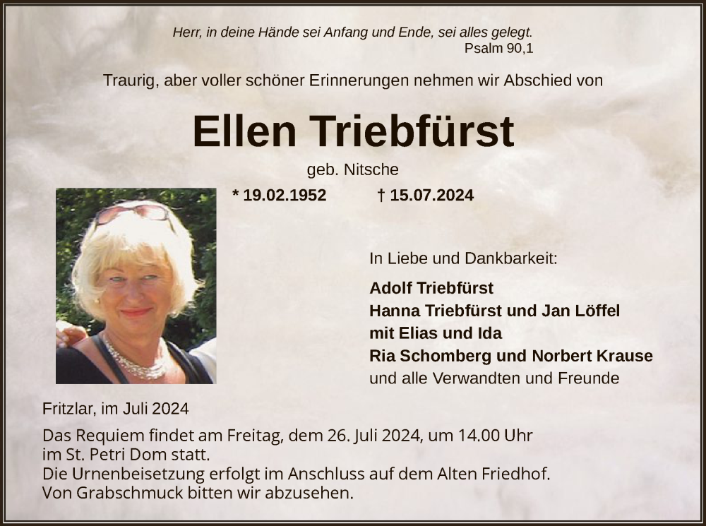  Traueranzeige für Ellen Triebfürst vom 20.07.2024 aus HNA