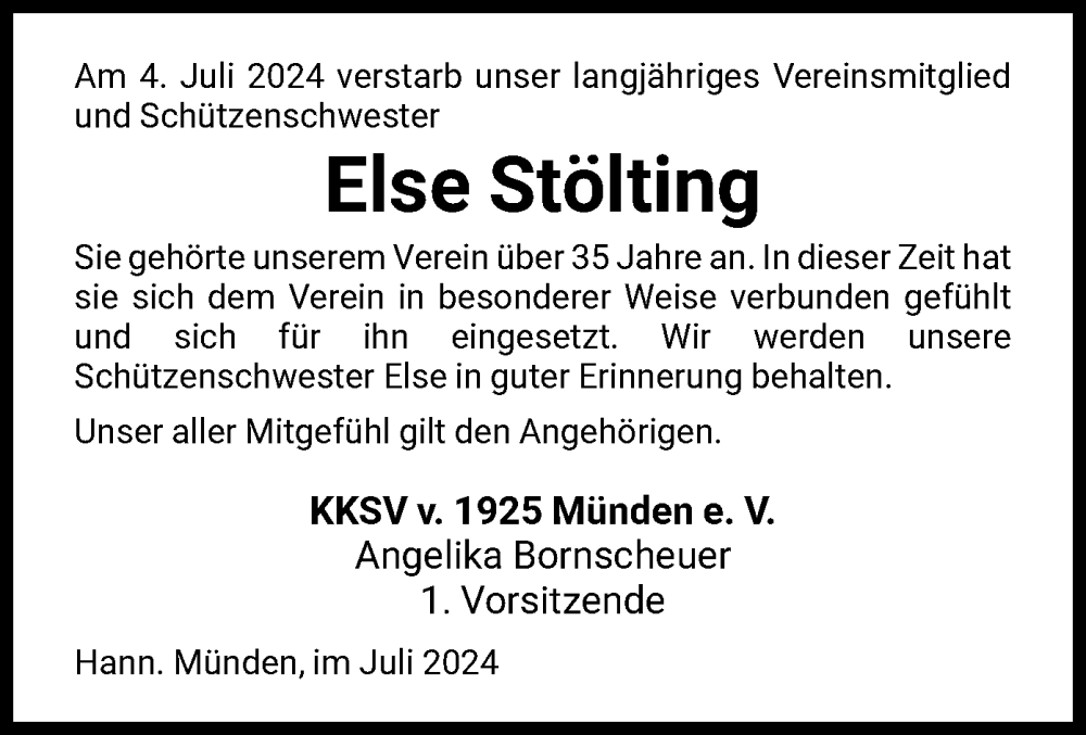  Traueranzeige für Else Stölting vom 09.07.2024 aus HNA