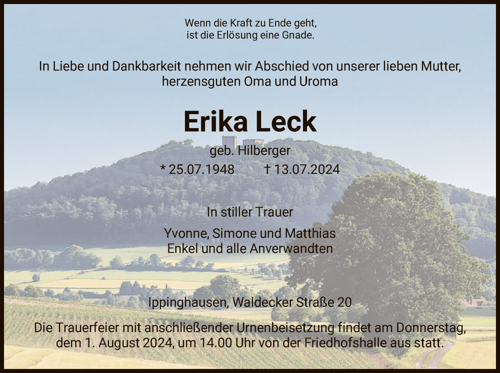  Traueranzeige für Erika Leck vom 27.07.2024 aus HNA