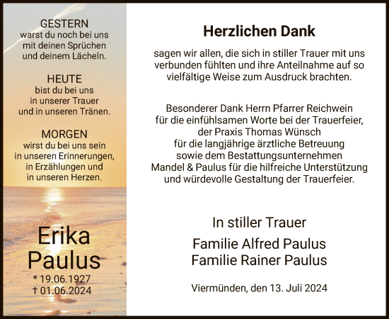 Traueranzeige von Erika Paulus von HNA