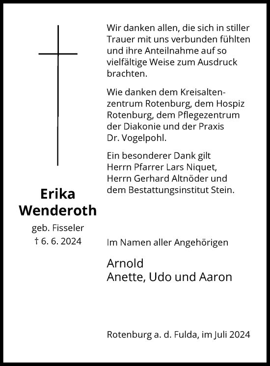 Traueranzeige von Erika Wenderoth von HNA