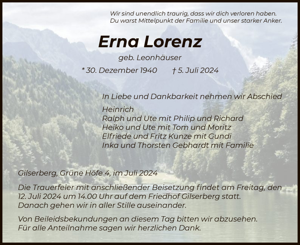  Traueranzeige für Erna Lorenz vom 09.07.2024 aus HNA