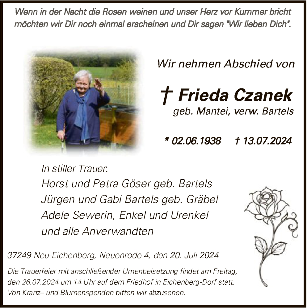  Traueranzeige für Frieda Czanek vom 20.07.2024 aus HNA