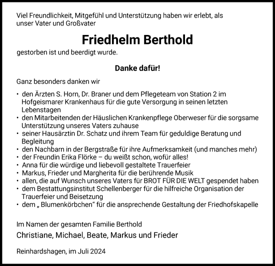 Traueranzeige von Friedhelm Berthold von HNA