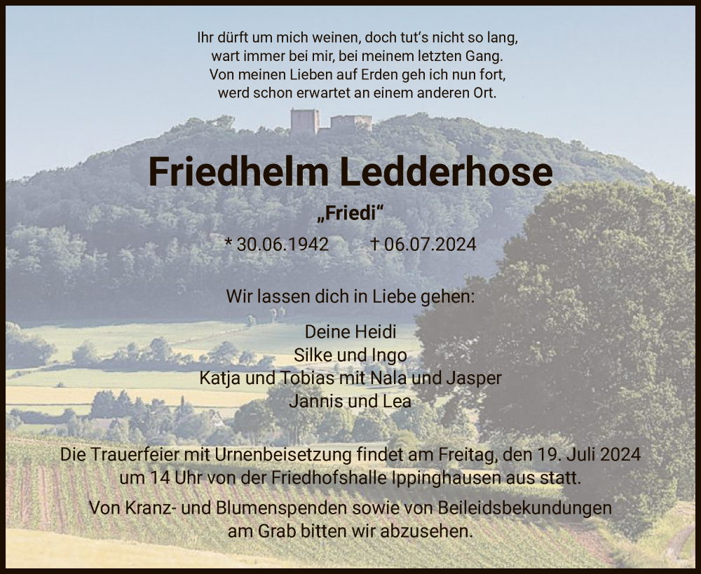  Traueranzeige für Friedhelm Ledderhose vom 13.07.2024 aus HNA