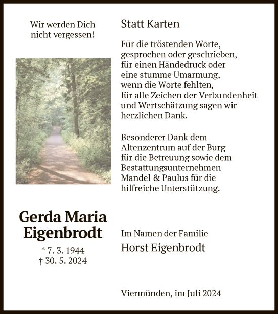 Traueranzeige von Gerda Maria Eigenbrodt von HNA