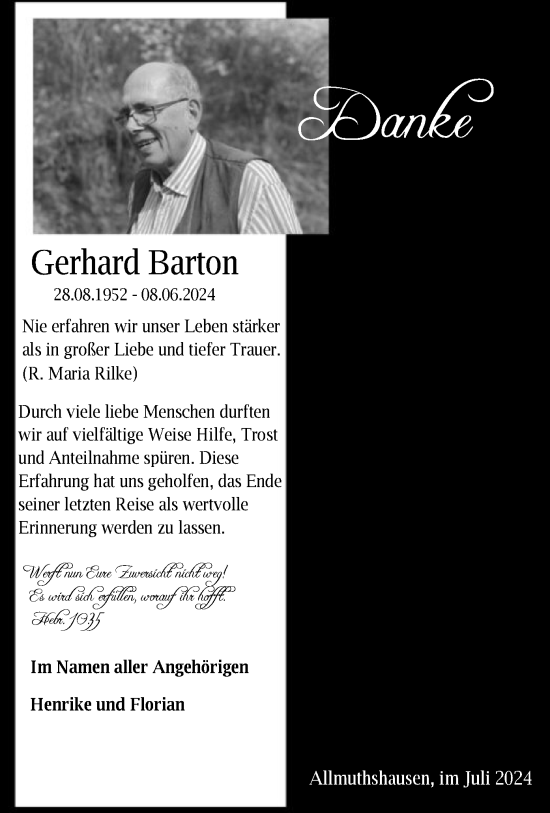 Traueranzeige von Gerhard Barton von HNA