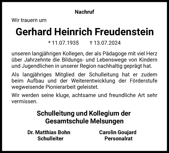 Traueranzeige von Gerhard Heinrich Freudenstein von HNA