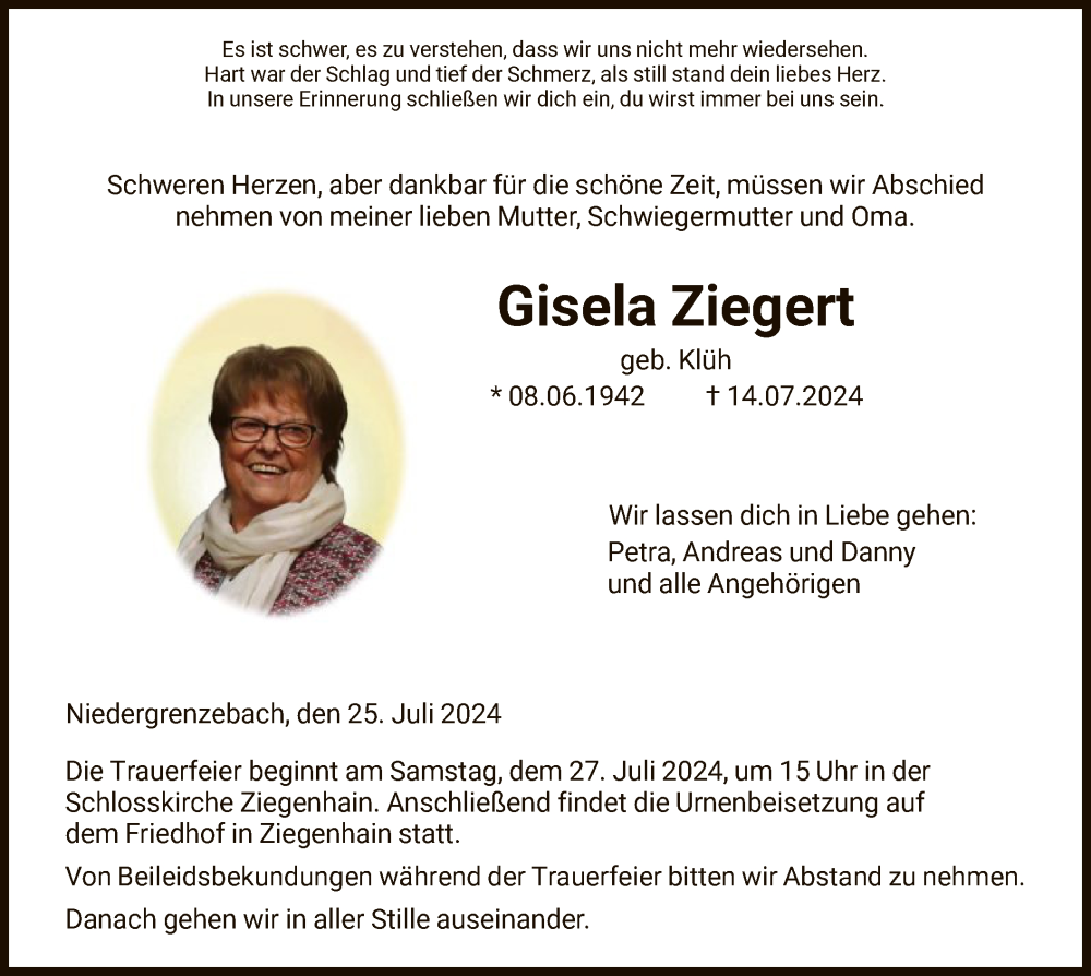  Traueranzeige für Gisela Ziegert vom 25.07.2024 aus HNA