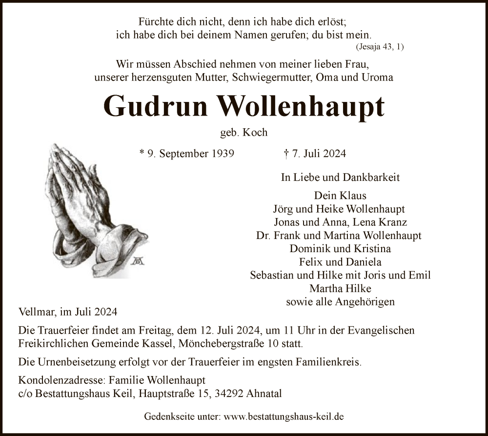  Traueranzeige für Gudrun Wollenhaupt vom 10.07.2024 aus HNA