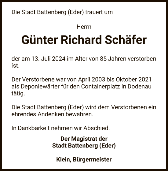 Traueranzeige von Günter Richard Schäfer von HNA