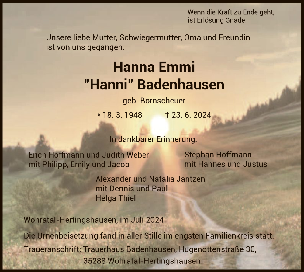  Traueranzeige für Hanna Emmi Badenhausen vom 06.07.2024 aus HNA
