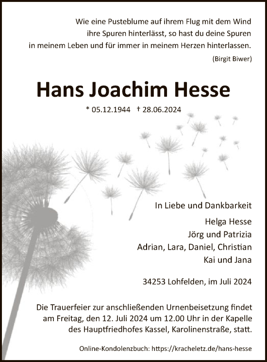 Traueranzeige von Hans Joachim Hesse von HNA