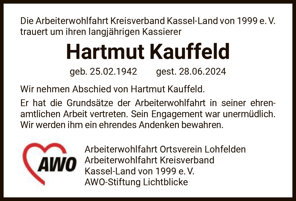  Traueranzeige für Hartmut Kauffeld vom 06.07.2024 aus HNA