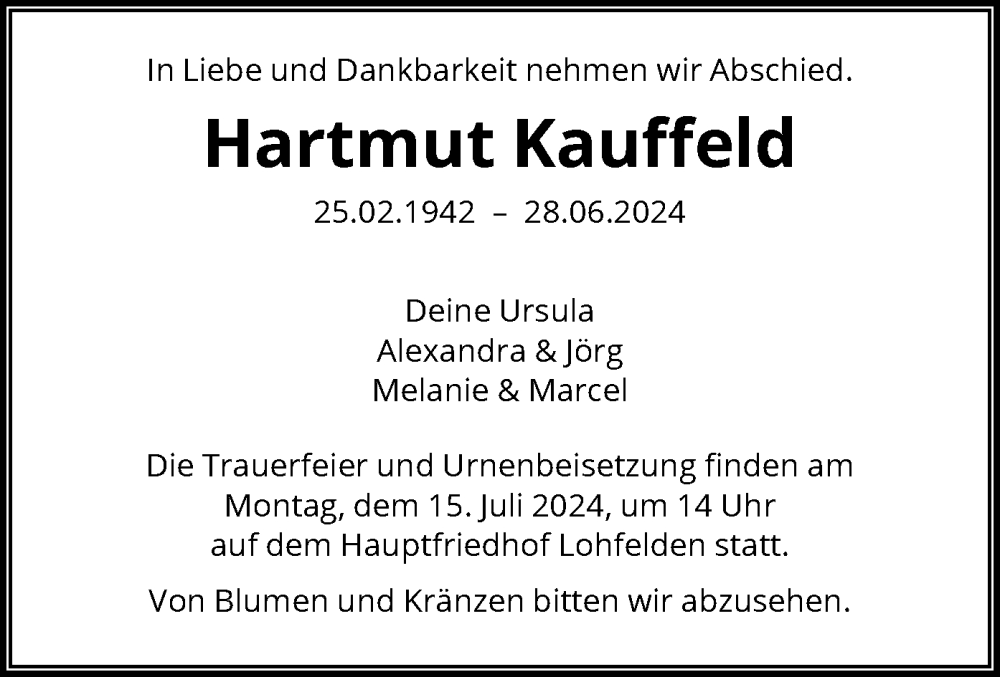  Traueranzeige für Hartmut Kauffeld vom 06.07.2024 aus HNA