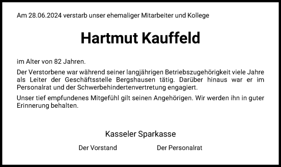 Traueranzeige von Hartmut Kauffeld von HNA