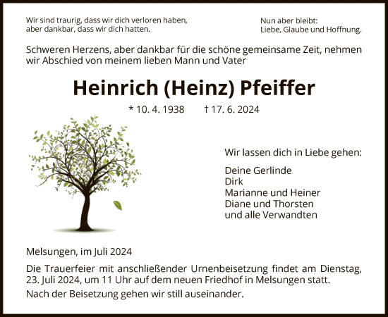 Traueranzeige von Heinrich Pfeiffer von HNA