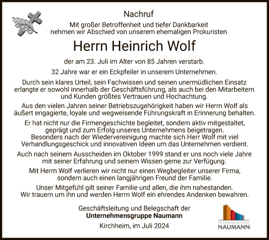Traueranzeige von Heinrich Wolf von HZHNA