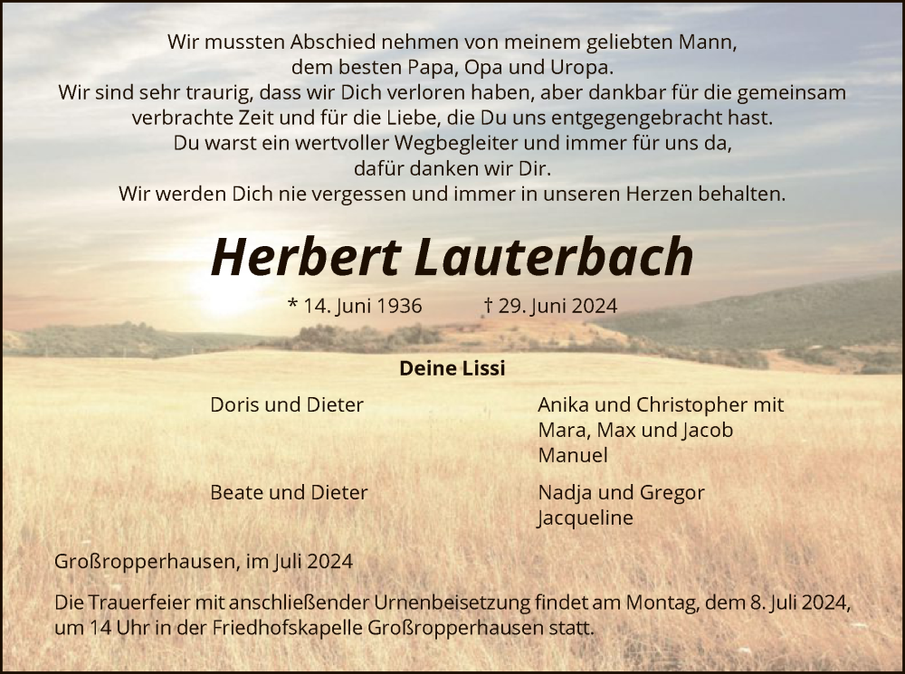  Traueranzeige für Herbert Lauterbach vom 03.07.2024 aus HNA